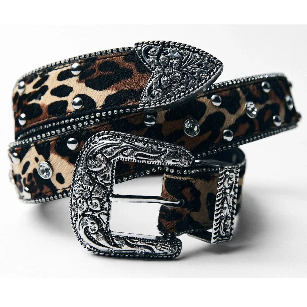 Zara Leather And Rhinestone Animal Print Belt NWT